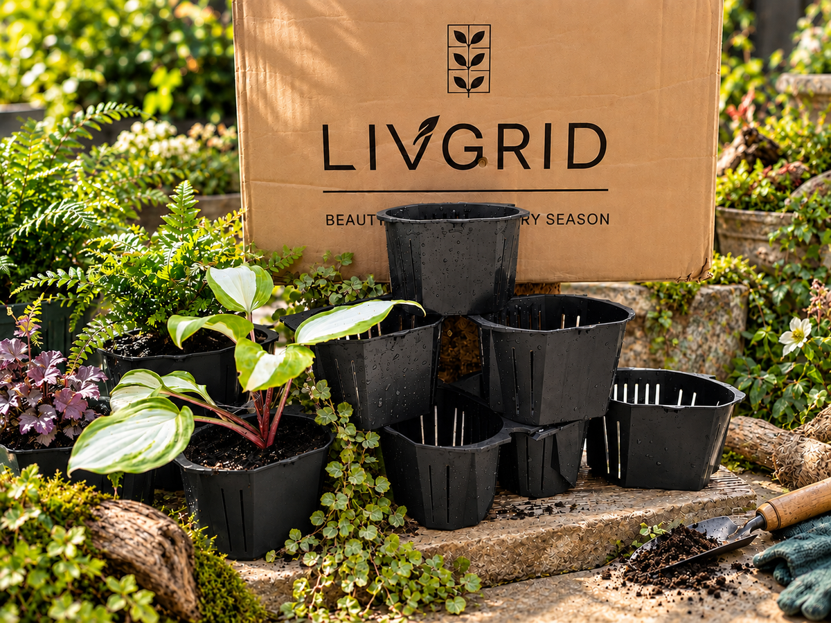 A set of black Livgrid nursery pots arranged in front of a branded cardboard box, placed outdoors on stone steps surrounded by green plants and garden soil.